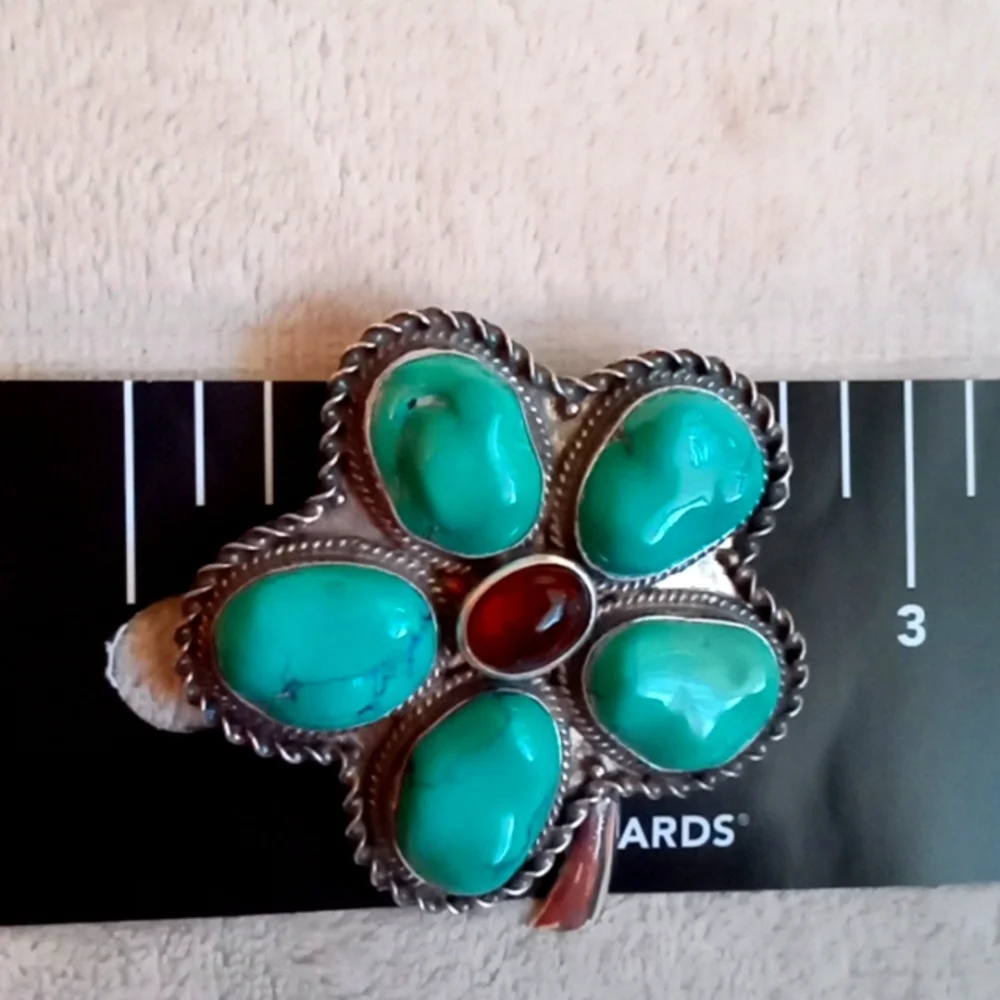STERLING SILVER, TURQUOISE AND AMBER PIN/PENDENT - Picture 9 of 10